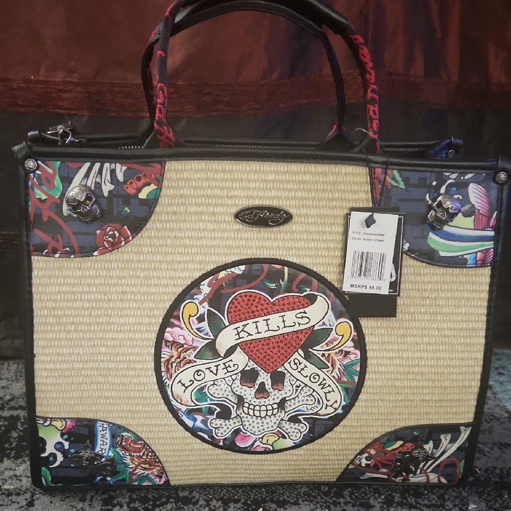 Ed Hardy Multicolor Straw-Front Tote with Skull Heart Graphic